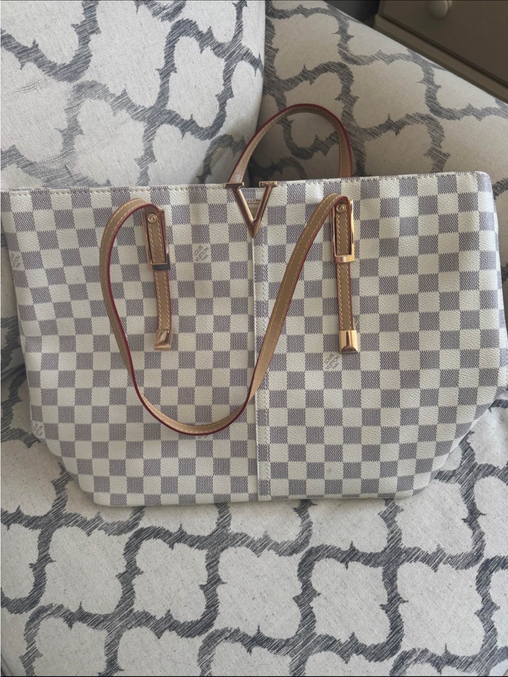 Cream Checkered Tote with Tan Trim and Gold Accents